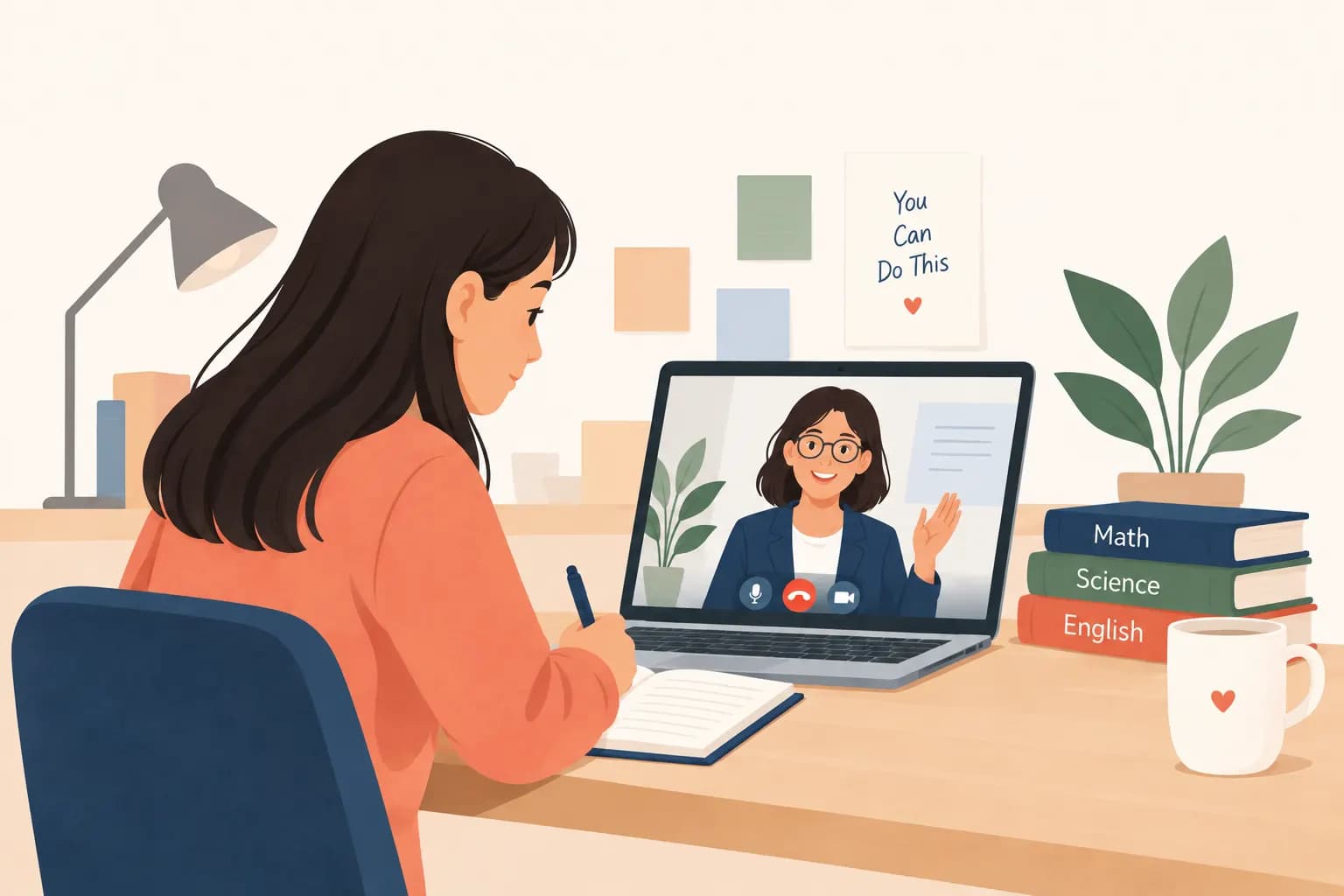 A student learning with her teacher in an online lesson.